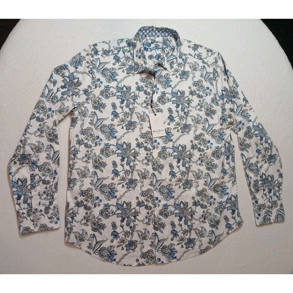 NWT Robert Graham McGowan Shirt Mens 2XL Blue White Floral Stretch Button Up LS